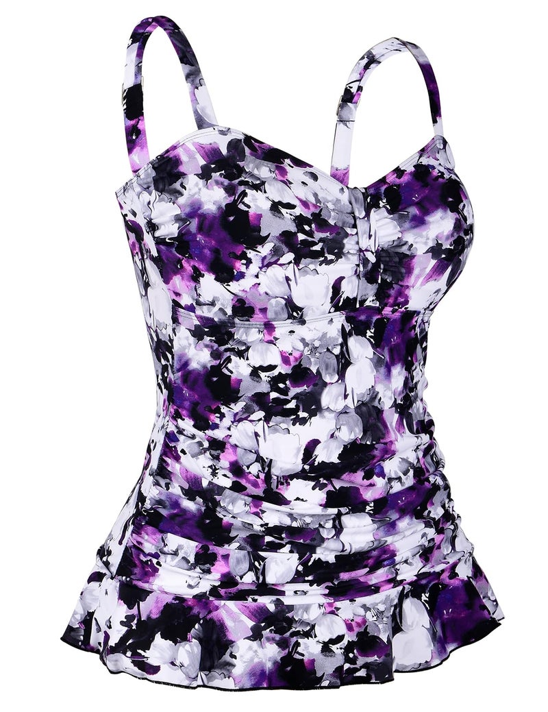 Hilor Women's 50's Retro Ruched Tankini Swimsuit Top with Ruffle Hem Purple Floral 16 - Image 5